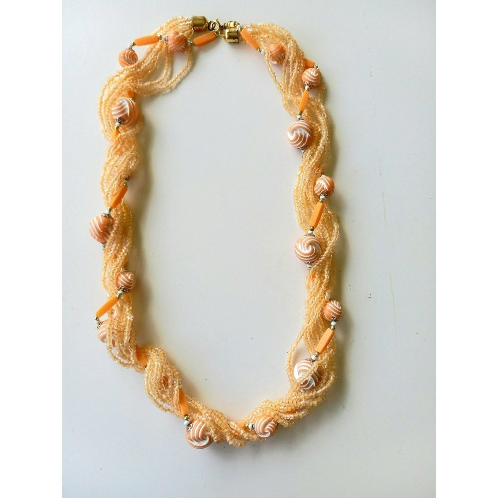 Vintage Twisted Beaded Necklace, Coral Colored 7 Strand Twist Necklace, Multi-St
